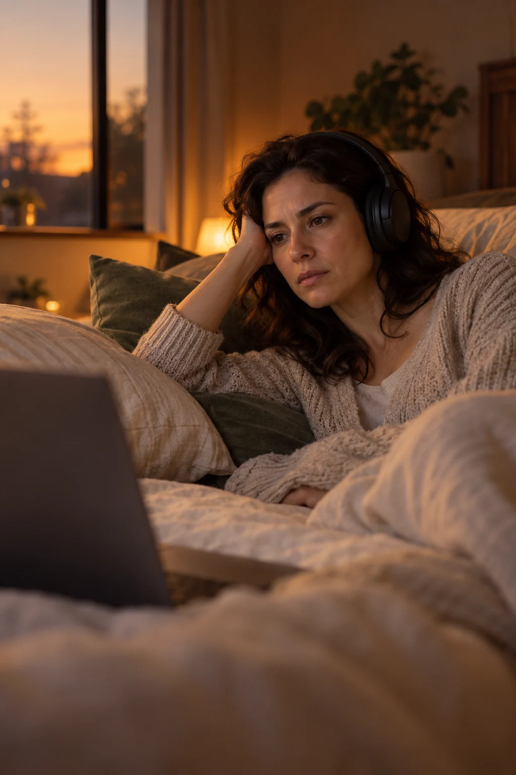 Persona recostada en casa con audífonos durante un momento de exploración personal