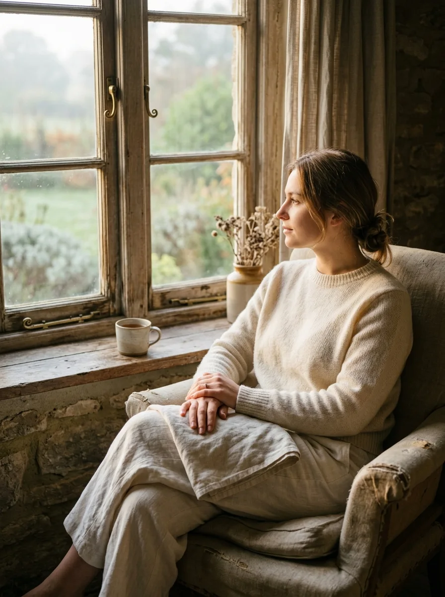 Persona sentada junto a una ventana con luz suave de la mañana en un momento de calma