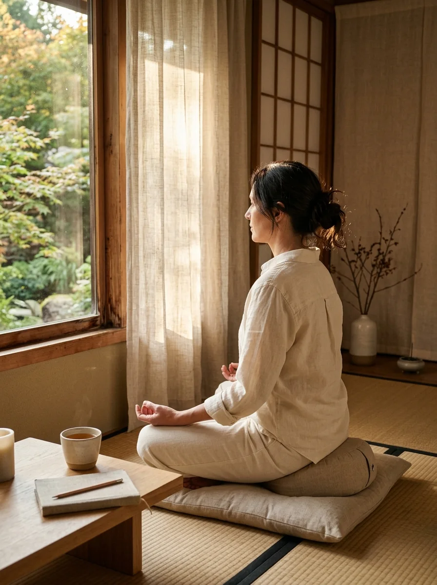 Espacio de serenidad y meditación con luz suave de la mañana y elementos de calma