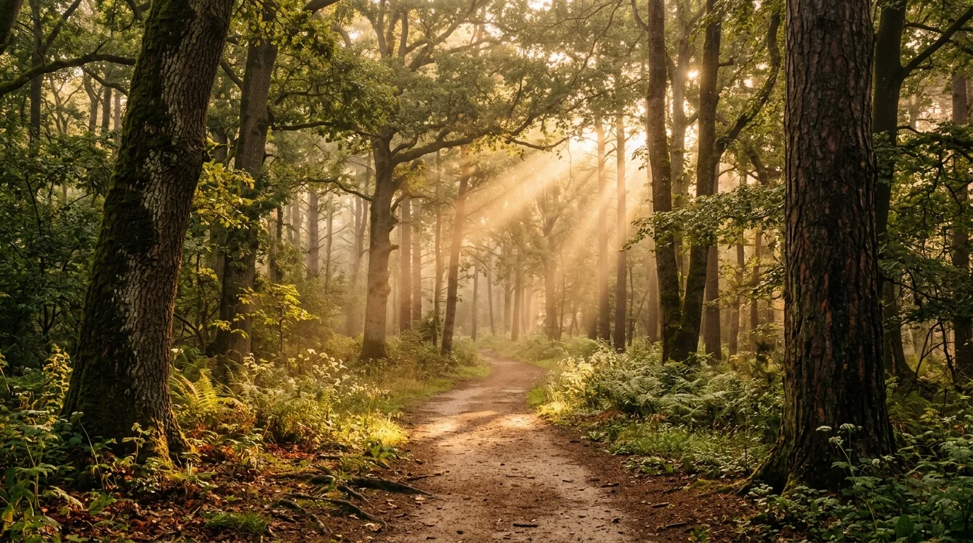 Sendero tranquilo entre árboles al amanecer con luz dorada filtrada