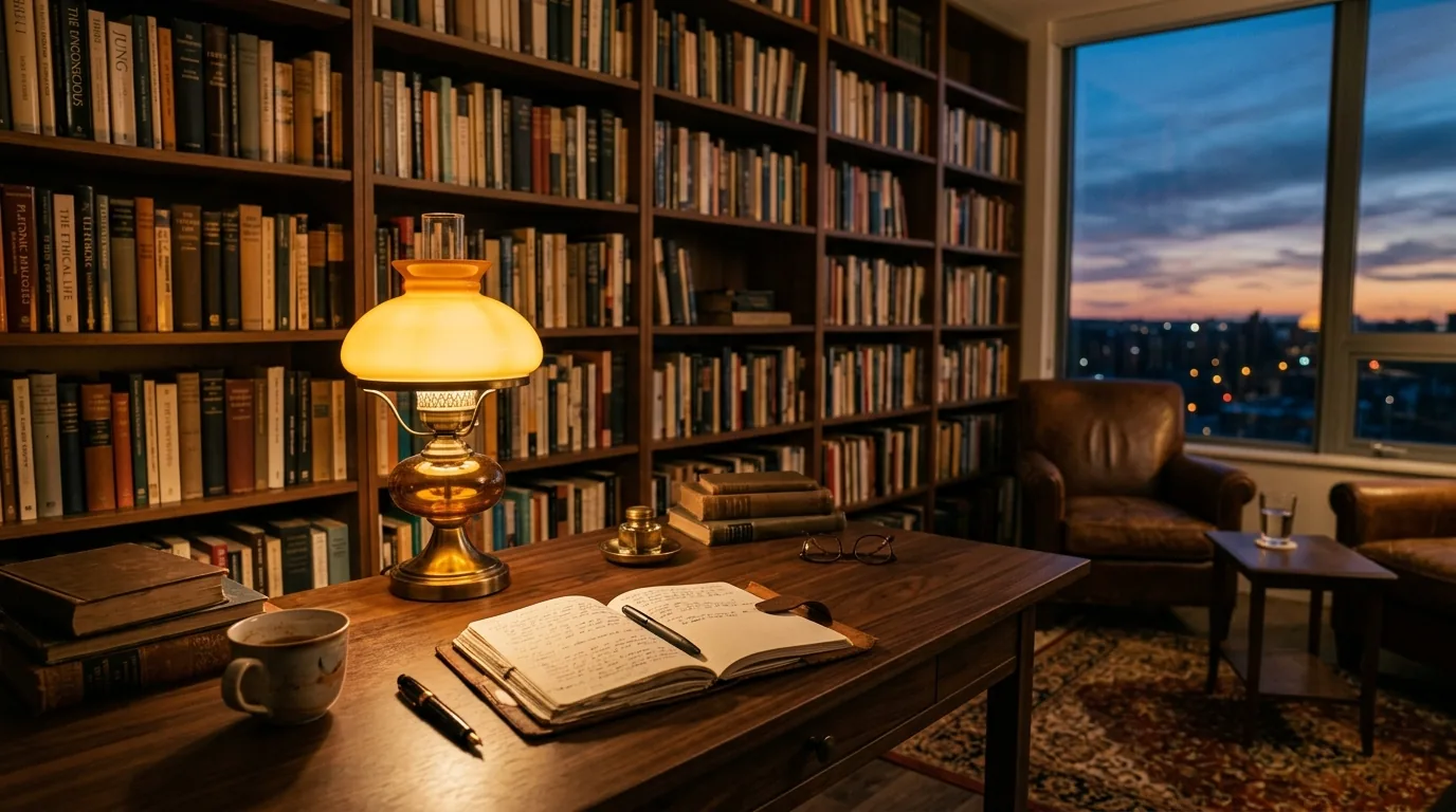 Estudio y biblioteca personal de César Reyes con libros de psicología y notas de estudio bajo luz cálida