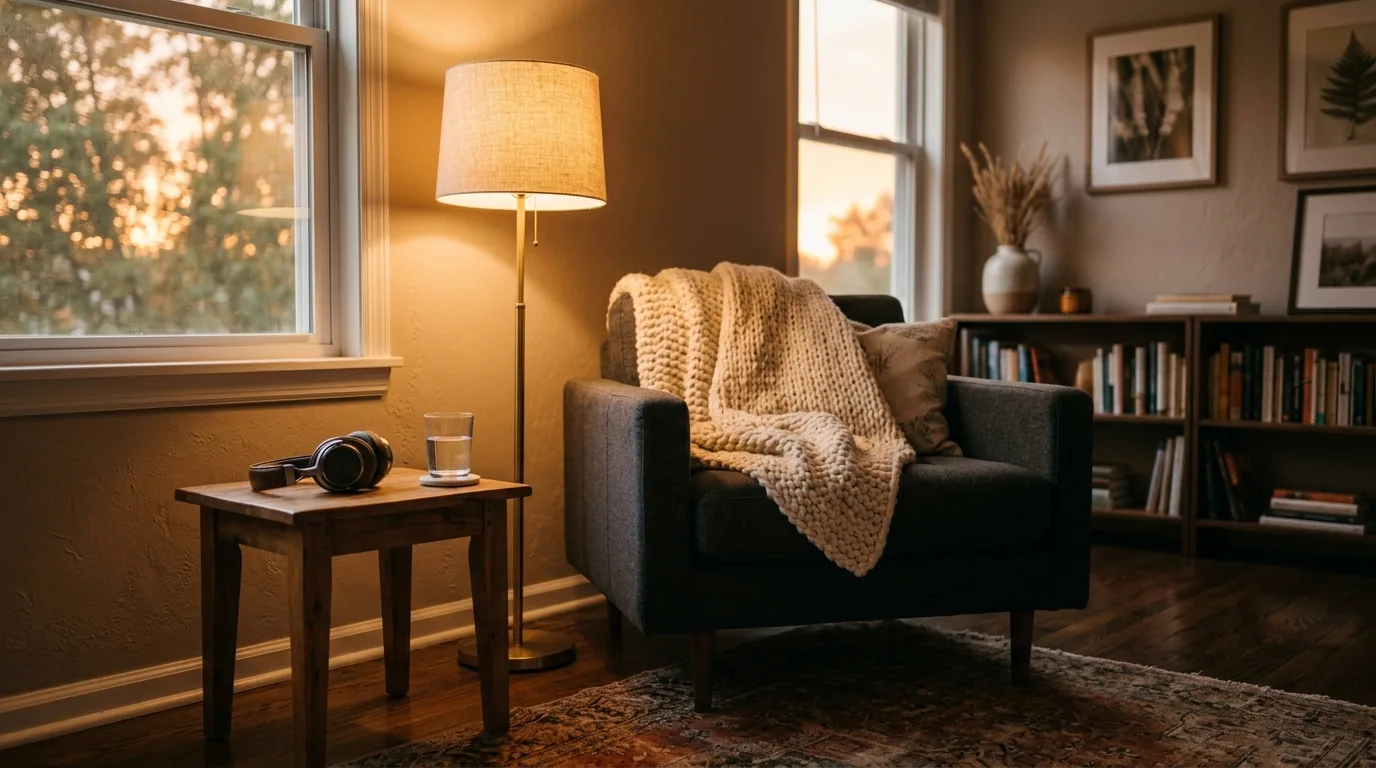 Sillón confortable con manta, audífonos y vaso de agua en un ambiente sereno para una sesión de regresión online