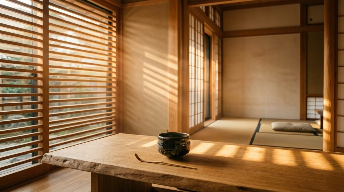 Espacio contemplativo sereno con luz de sol matinal filtrada por celosías de madera, reflejando paz e integración