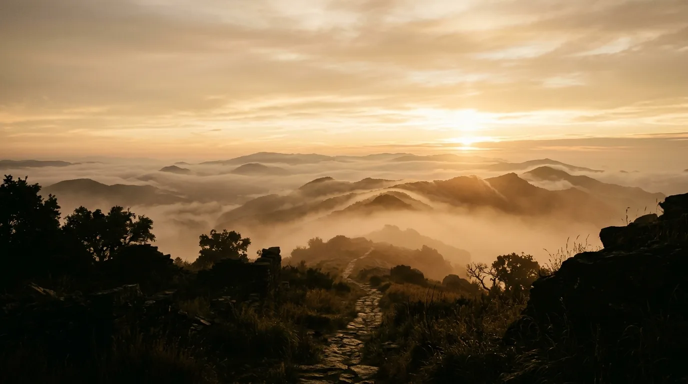 Amanecer sobre montañas con niebla en capas y un camino que se pierde en el horizonte