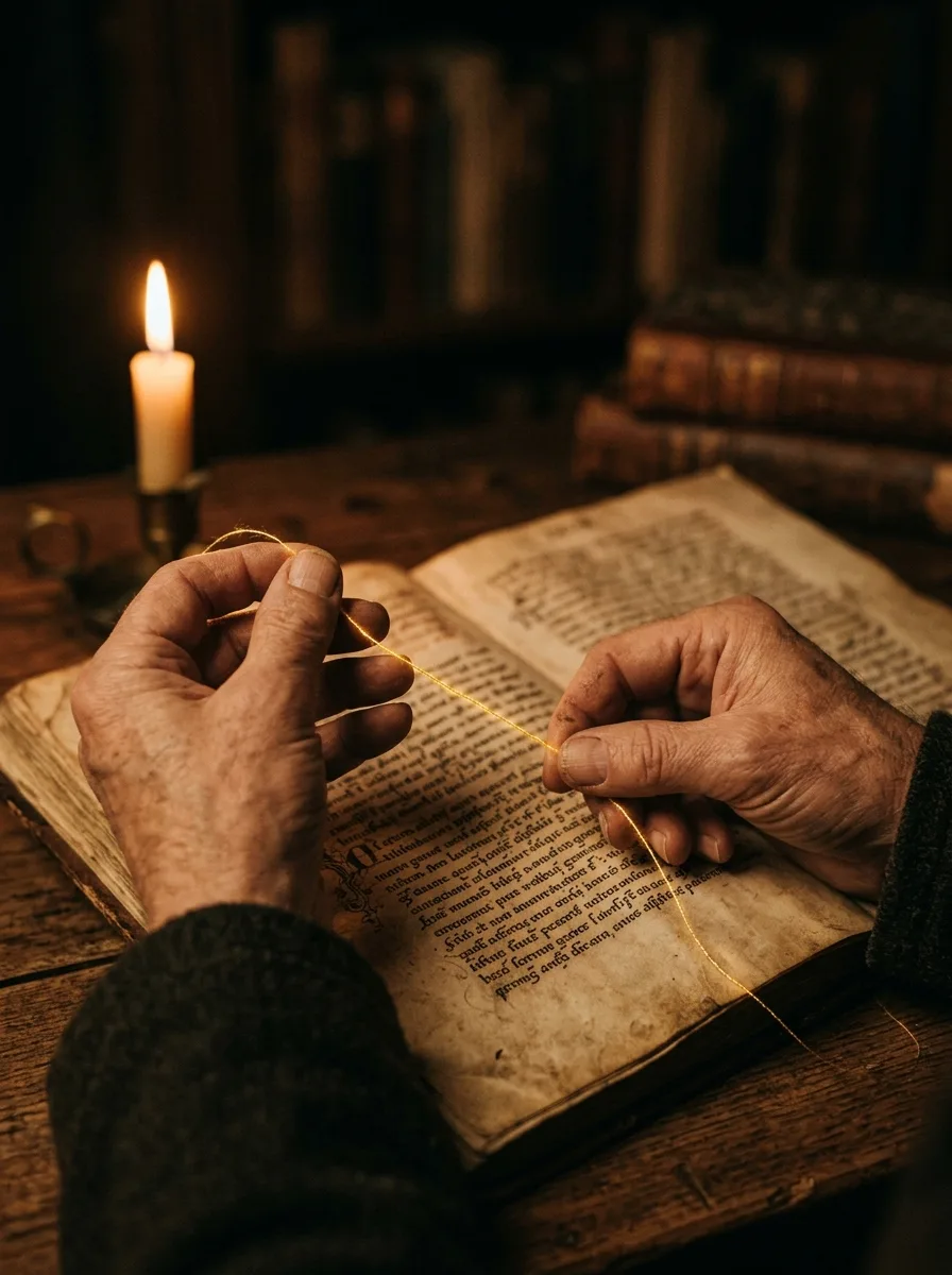 Manos sosteniendo un hilo dorado sobre un manuscrito antiguo a la luz de una vela